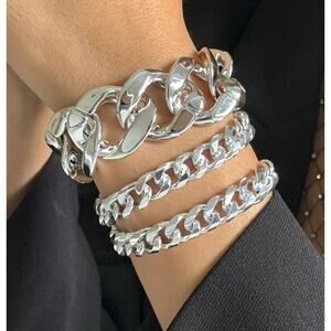 Bracelet Set 3 Puffy Chunky Silver Tone Layering Bracelets JA31